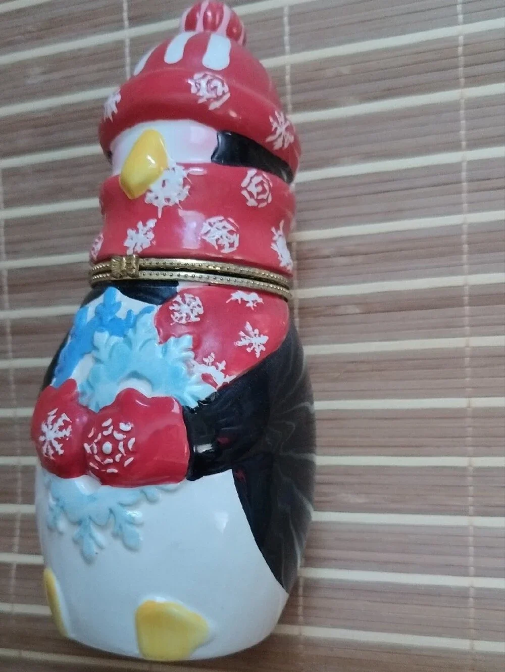 Festive Red Penguin Trinket Box - Holiday Snowflake Design